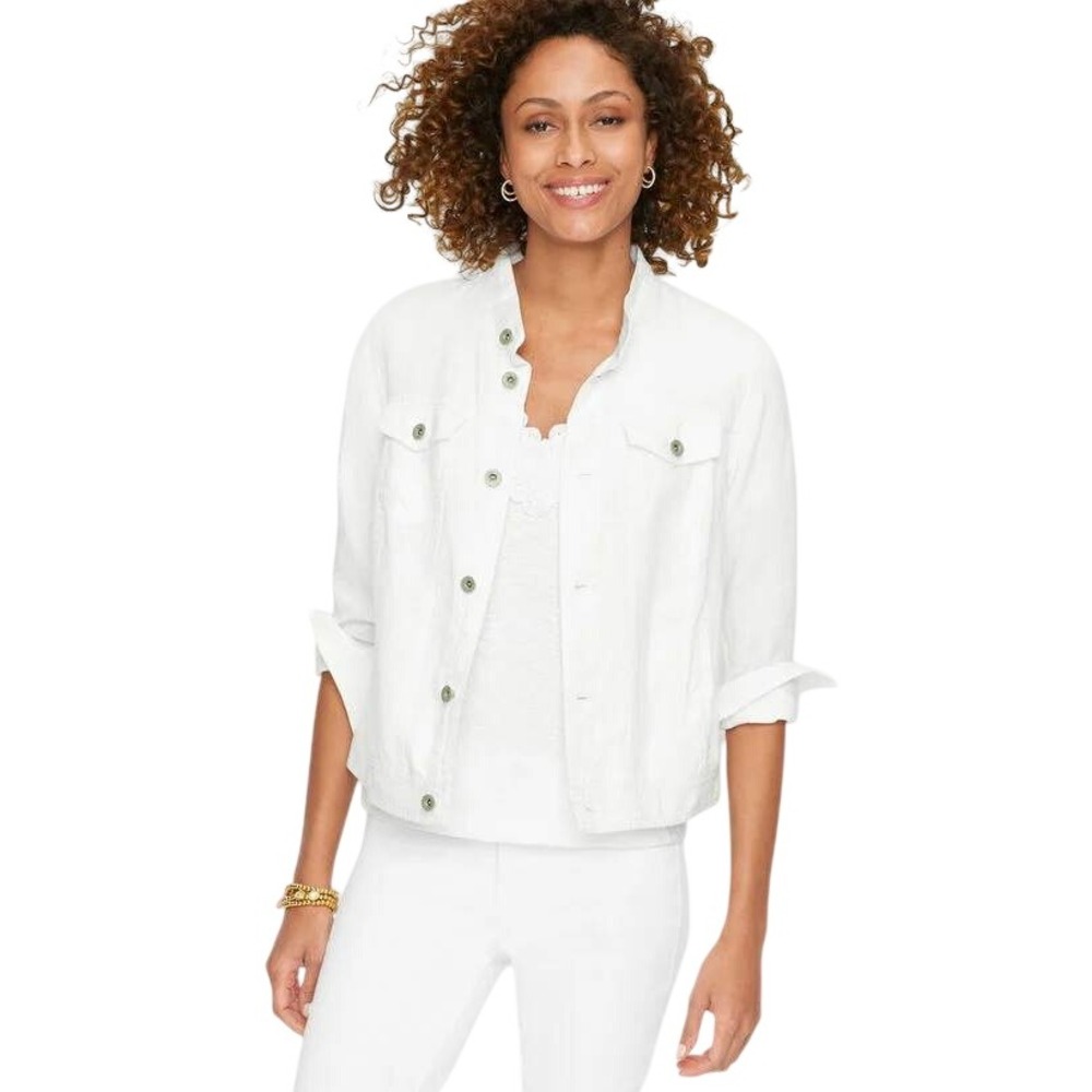 Talbots Washed Linen Jean Jacket Womens Large White Button Up Coastal Grandma